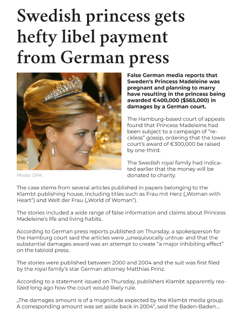 Damages & Enrichment, Swedish Princess gets hefty payment from German press